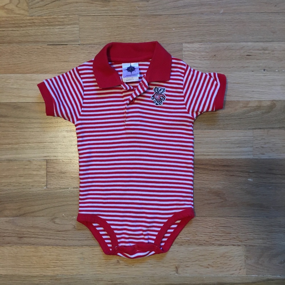 Univ. of Wisconsin red & white striped onesie.